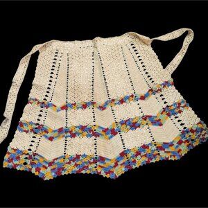 Handmade Vintage Crochet Apron Beige Multicolor Striped Trim Rustic Kitchen Nost